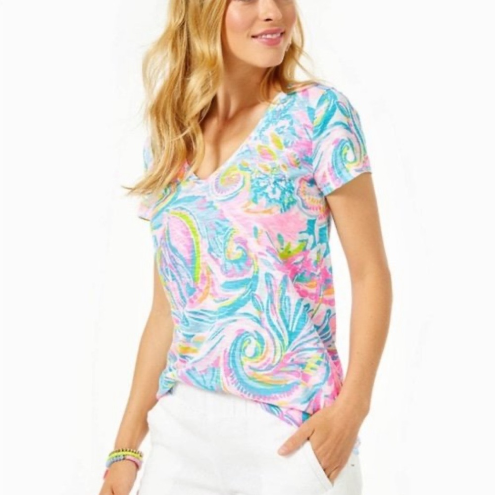 Lilly Pulitzer Etta V-Neck Tee Shirt Short-Sleeve Top Women XXS Carnivale Coral